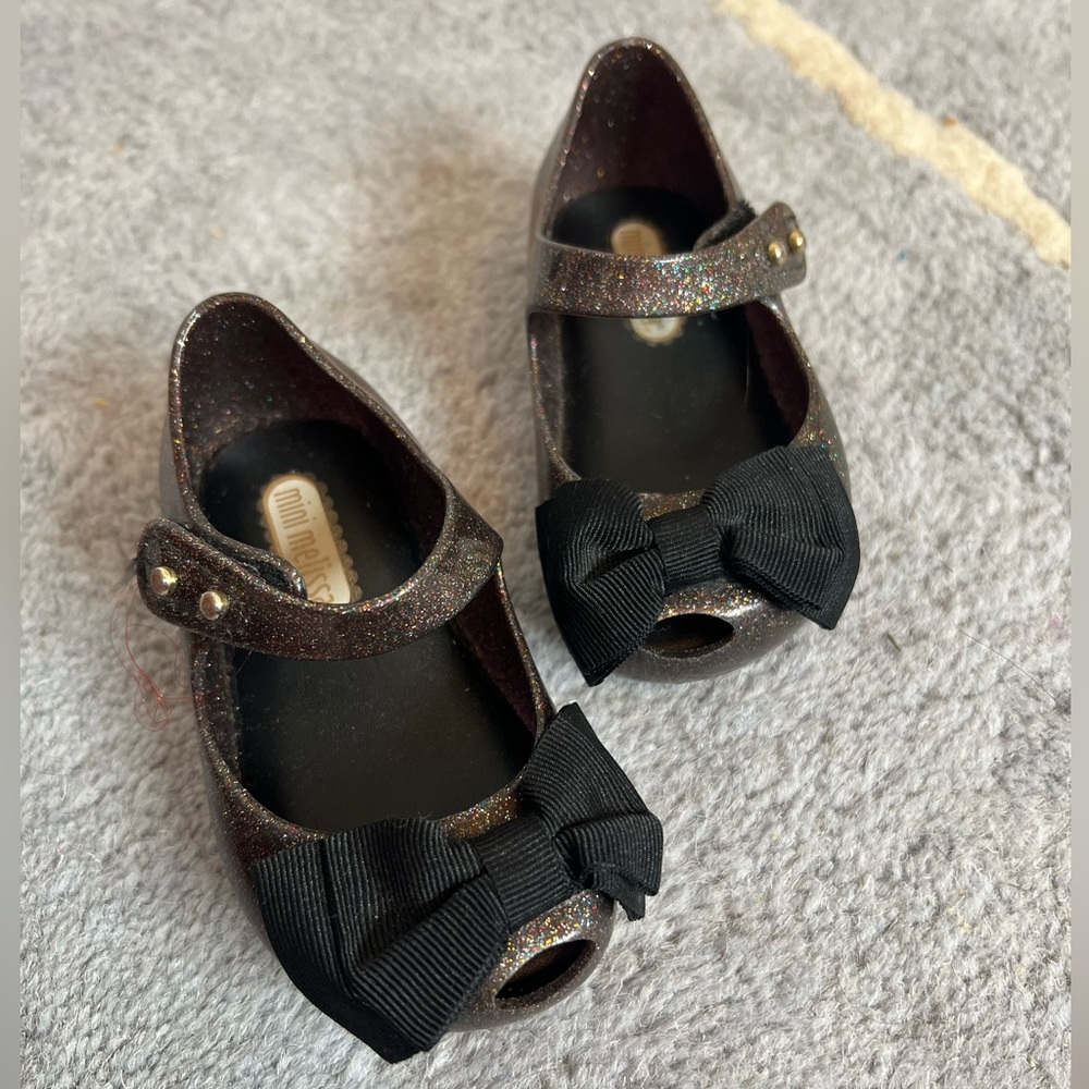 Mini Melissa Kids Glitter Shoes with Bow - Black